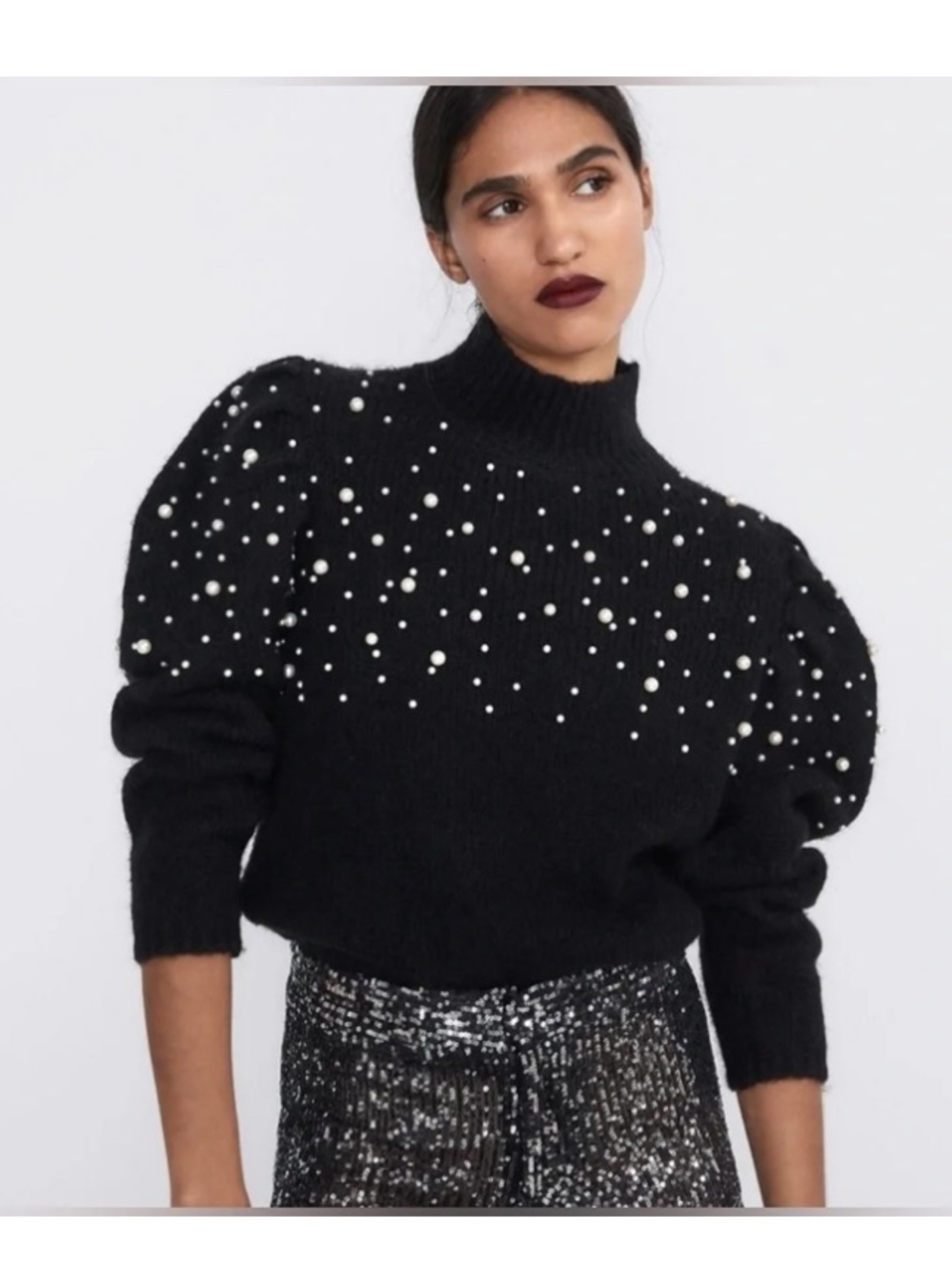 Zara Black Pearl-Embellished Puff-Sleeve funnel neck Sweater